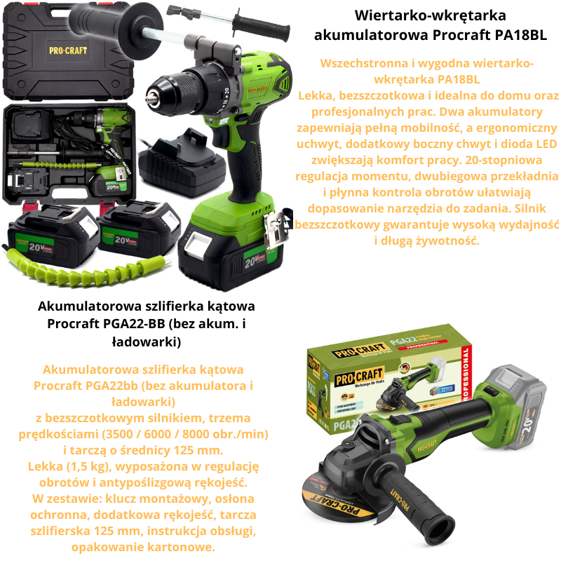 Wiertarko-wkrętarka akumulatorowa Procraft PA18BL